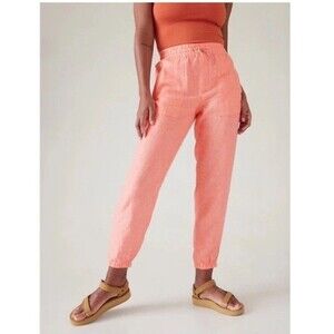 Athleta Retreat 100% Linen Jogger Pant 4 Sunset Glow Coral Travel Beach Casual